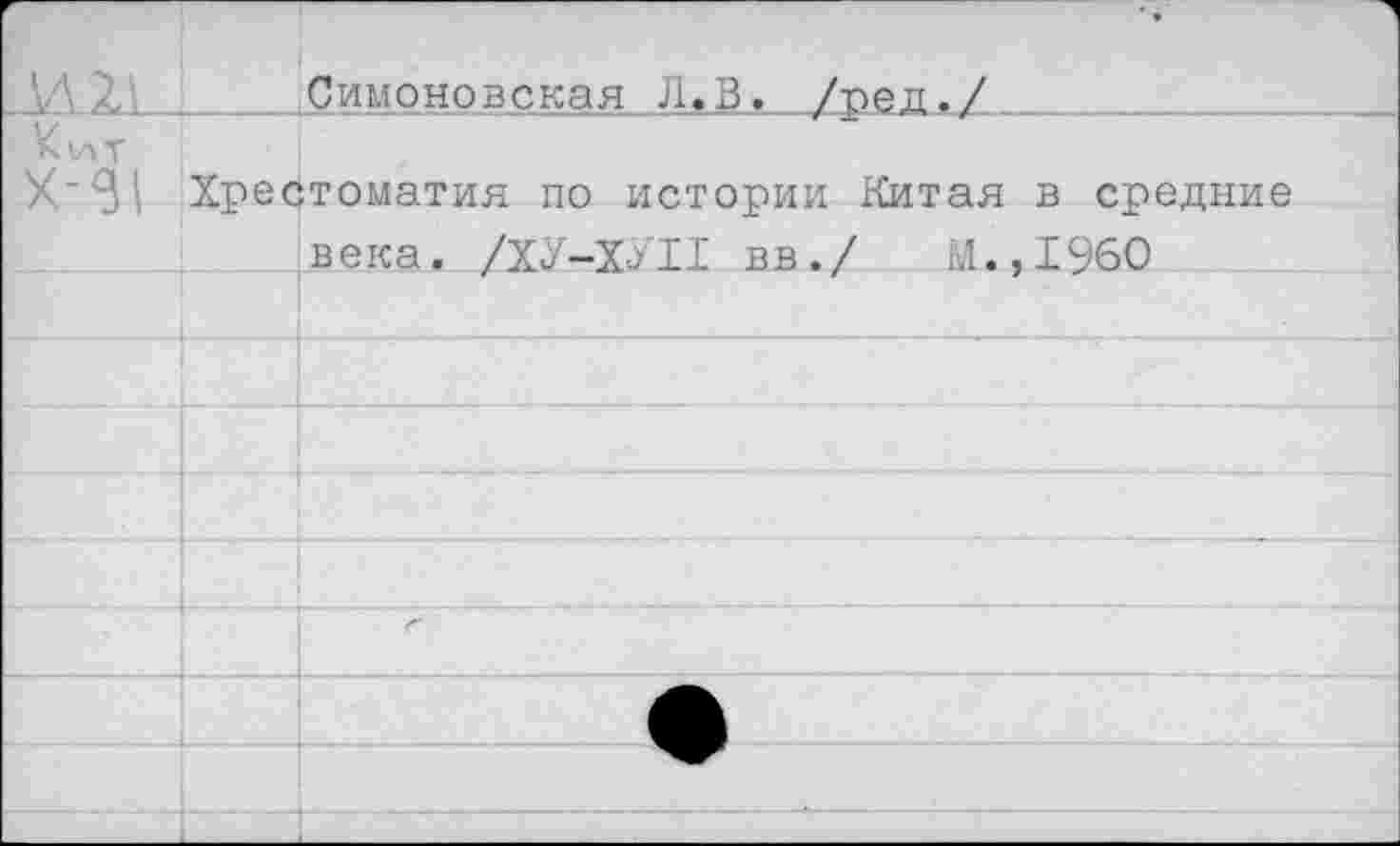 ﻿ДД 2Л_____Симоновская Л.В, /ред./
Х"31 Хрестоматия по истории Китая в средние века. /ХУ-ХУИ вв./ М.,1960